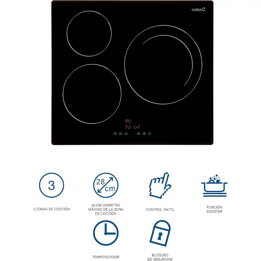 Detalle de las características principales de la placa de inducción CATA IB-6303BK/A, con 3 zonas de cocción, 7.1KW de potencia y controles táctiles para una experiencia de cocina moderna - Electrocash