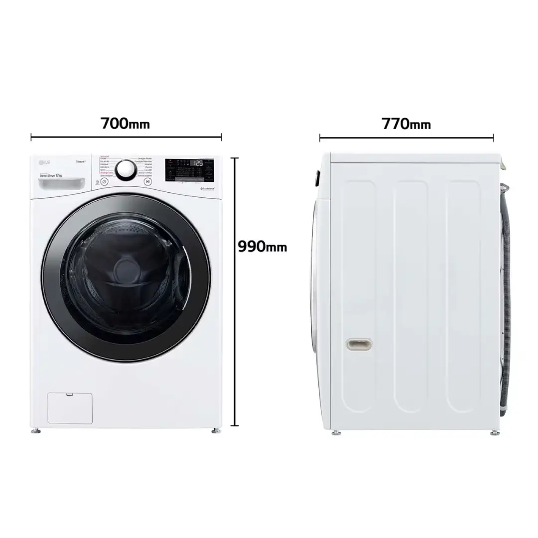 Medidas de la lavadora LG F1-P1CY2W, diseñada para ofrecer gran capacidad de carga y eficiencia en un diseño optimizado para adaptarse a distintos espacios - Electrocash