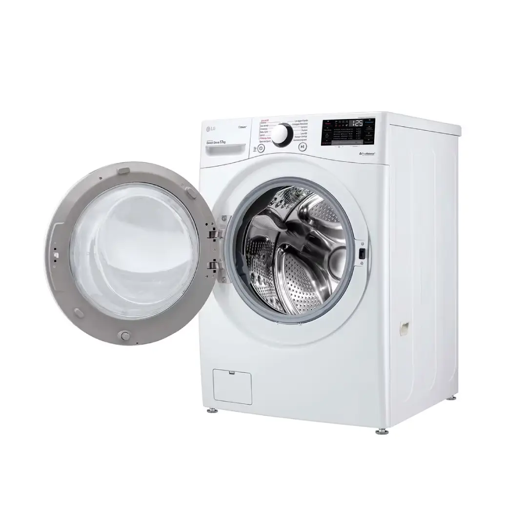 Vista de la lavadora LG F1-P1CY2W con la puerta abierta, mostrando su gran tambor para 17 kg de carga y distribución interna - Electrocash