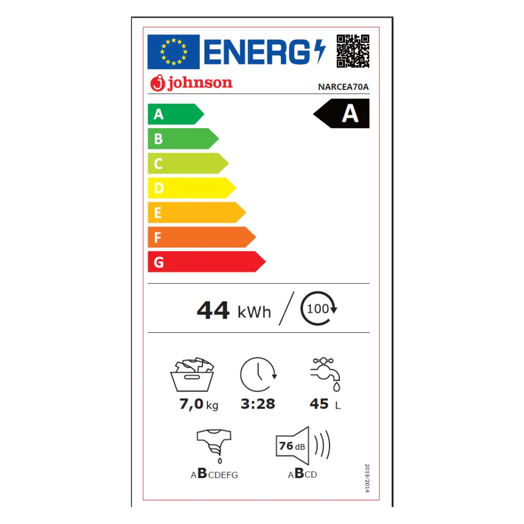 Etiqueta energética de la lavadora Johnson NARCEA-70A con información de consumo y eficiencia