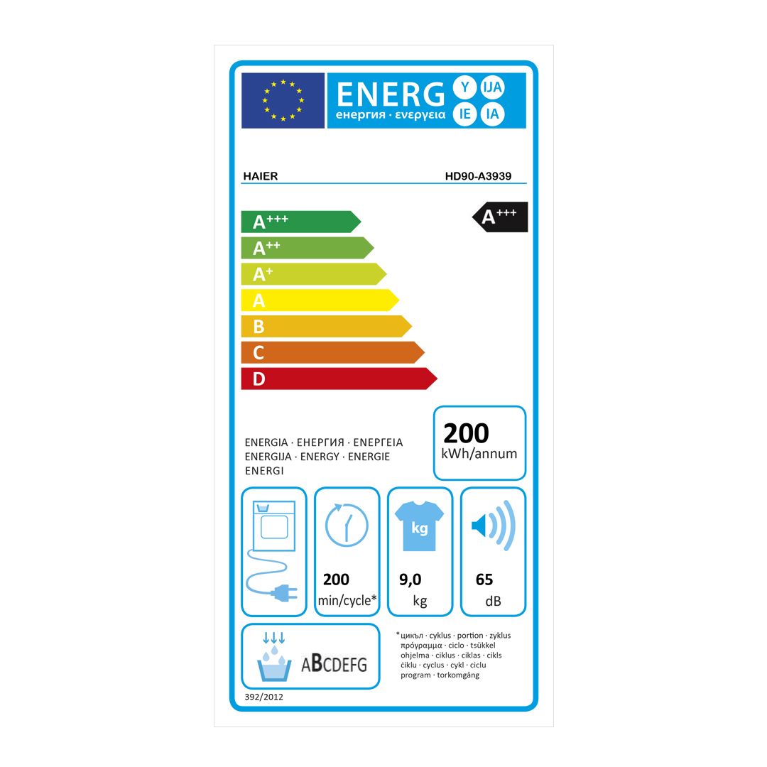 Ficha Energética: Secadora Haier HD90-A3939IB A+++, consumo energético bajo, ideal para eficiencia