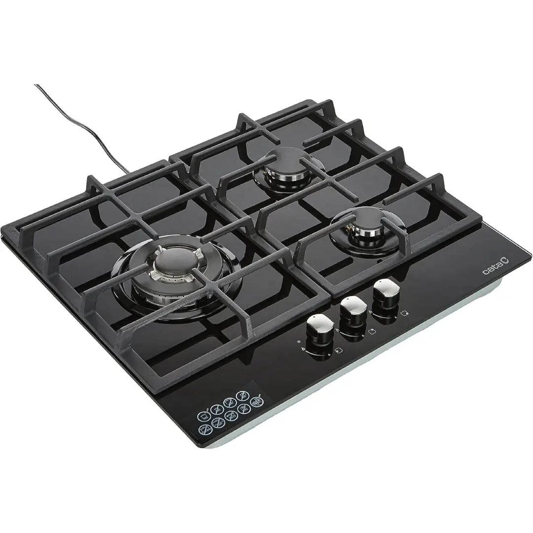 Vista completa de la placa de cristal a gas Cata LCIB 6021 BK, con sus 3 quemadores y controles frontales. - Electrocash
