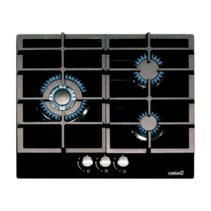 Placa de cristal a gas Cata LCIB 6021 BK con 3 fuegos y potencia de 6,25KW, diseño en color negro elegante. - Electrocash
