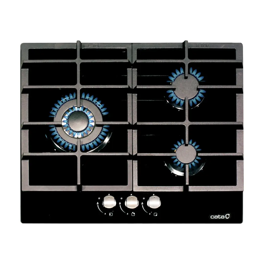 Placa de cristal a gas Cata LCIB 6021 BK con 3 fuegos y potencia de 6,25KW, diseño en color negro elegante. - Electrocash
