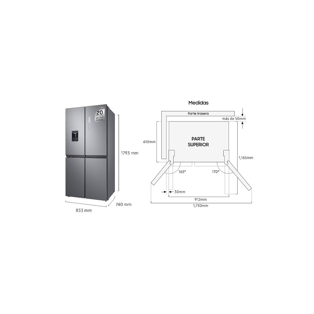 Medidas y dimensiones de la nevera Americana Samsung RF48A401EM9/EF Inox E 179.3x83.3