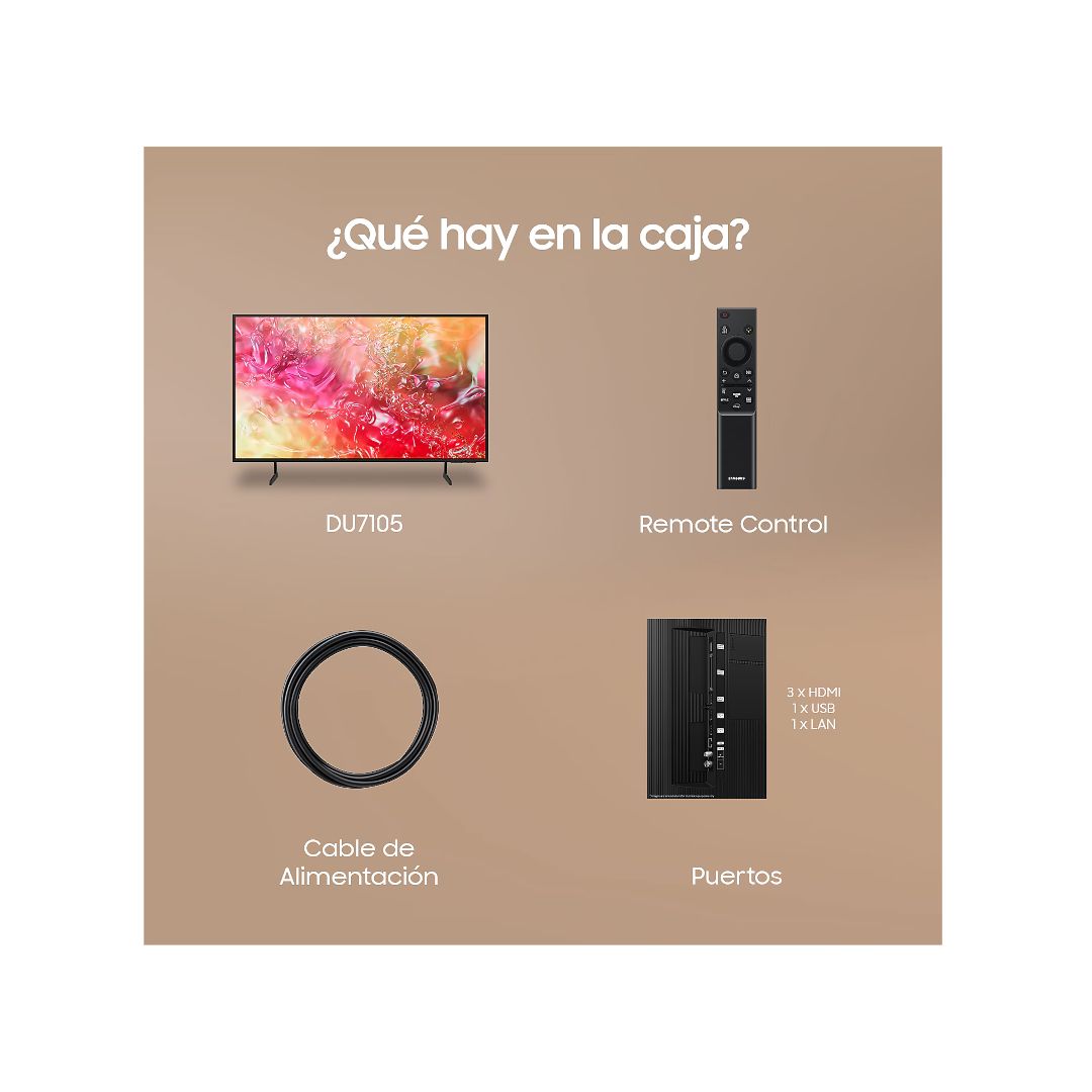 Televisor LED de 55 pulgadas Samsung TU55DU7105KXXC contenido de la caja