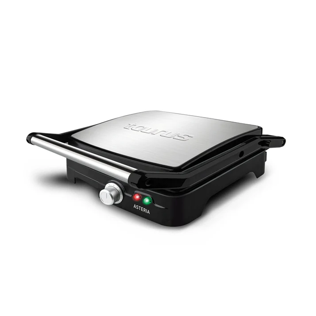 Imagen principal del grill doble Asteria de Taurus, con una potencia de 2200W y dimensiones de 28x22 cm, ideal para cocinar diversos alimentos de manera eficiente, disponible en Electrocash
