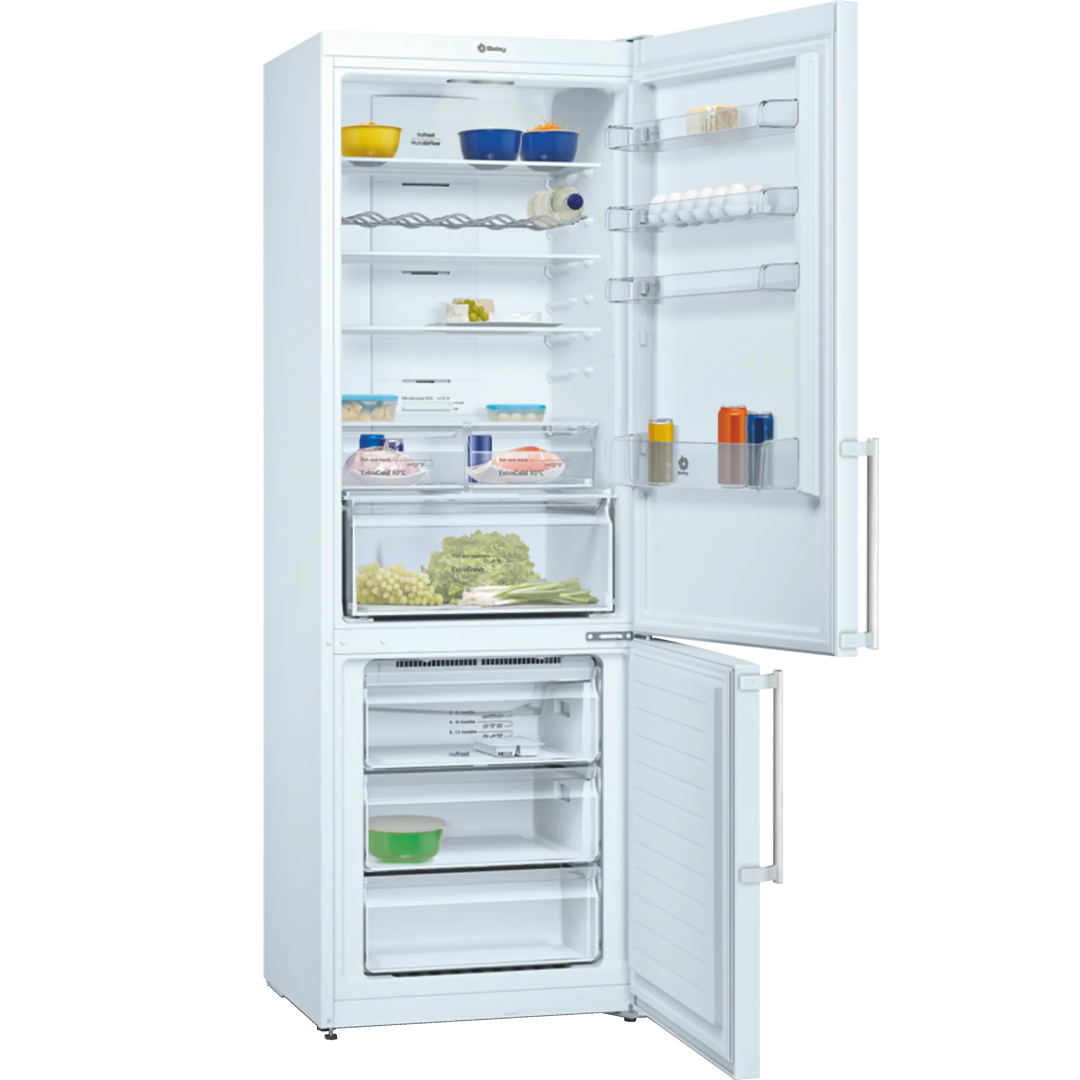 Frigorífico combi Balay 3KFE-776WE en color blanco, mostrando su interior lleno de alimentos. Disponible en Electrocash