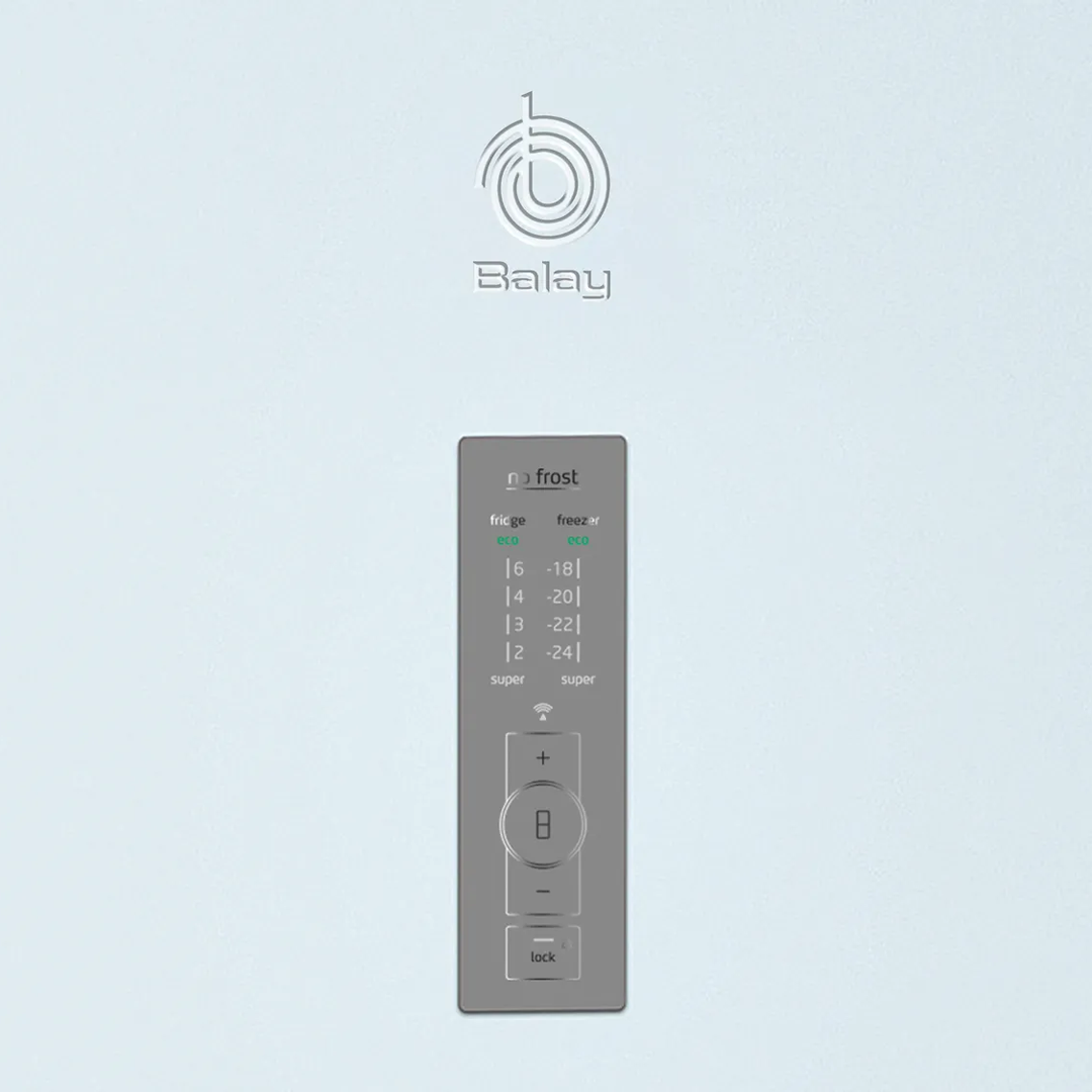 Detalle del Controlador del frigorífico combi Balay 3KFE-776WE en color blanco, mostrando sus controles fáciles de usar. Disponible en Electrocash