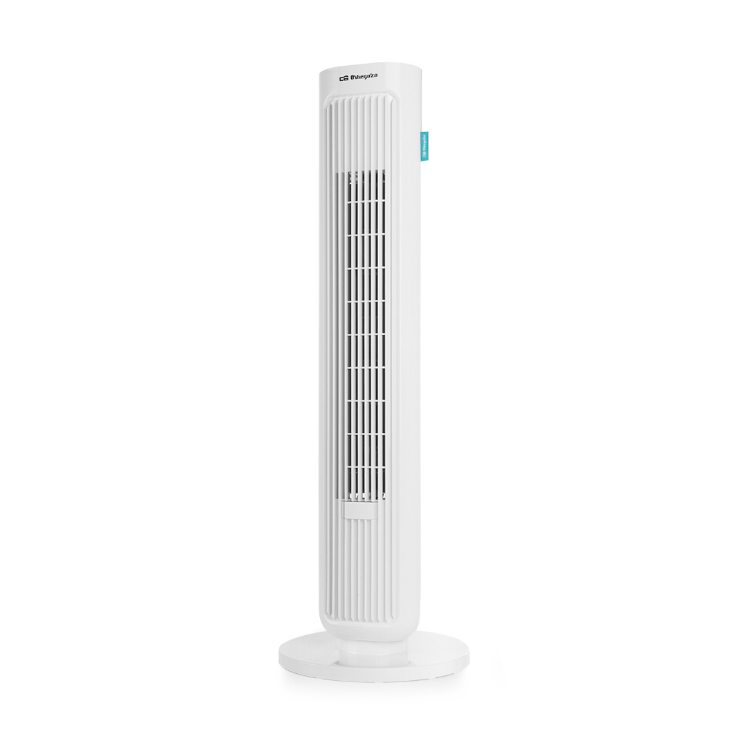 Imagen principal del ventilador de torre TW-0755 de Orbegozo, con una altura de 77 cm, potencia de 45W, y funcionamiento silencioso, ideal para refrescar cualquier habitación de manera eficiente y discreta, disponible en Electrocash