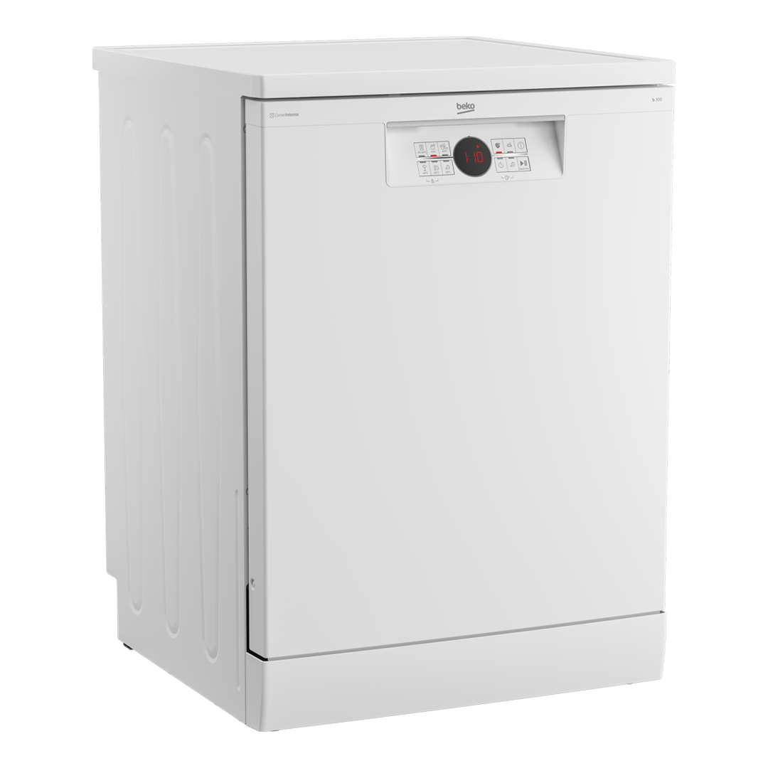 Lavavajillas Beko BDFN26640WC en color blanco, vista lateral mostrando su diseño elegante. Disponible en Electrocash