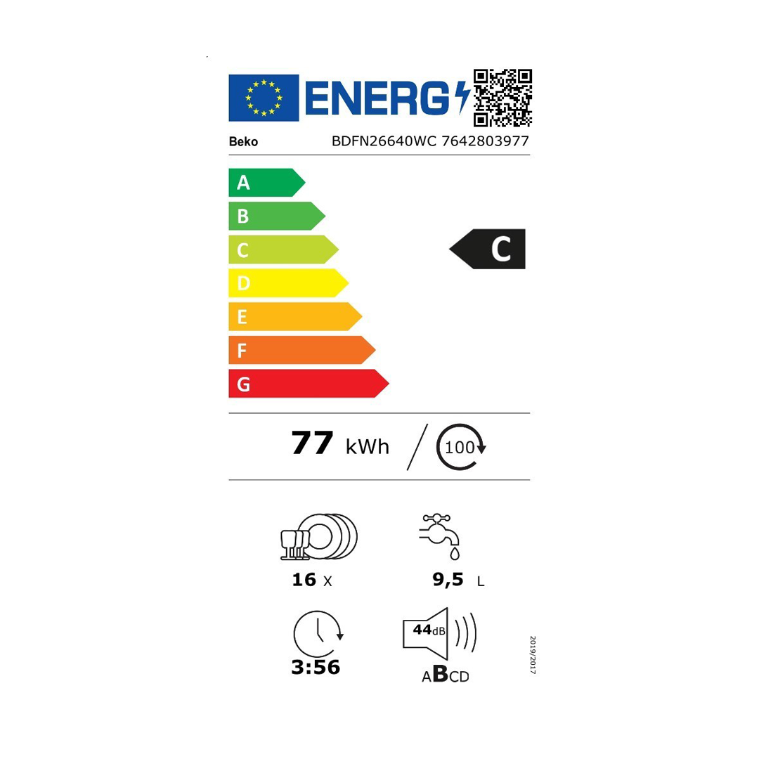 Detalle de la tabla de eficiencia energética del lavavajillas Beko BDFN26640WC, destacando su eficiencia. Disponible en Electrocash