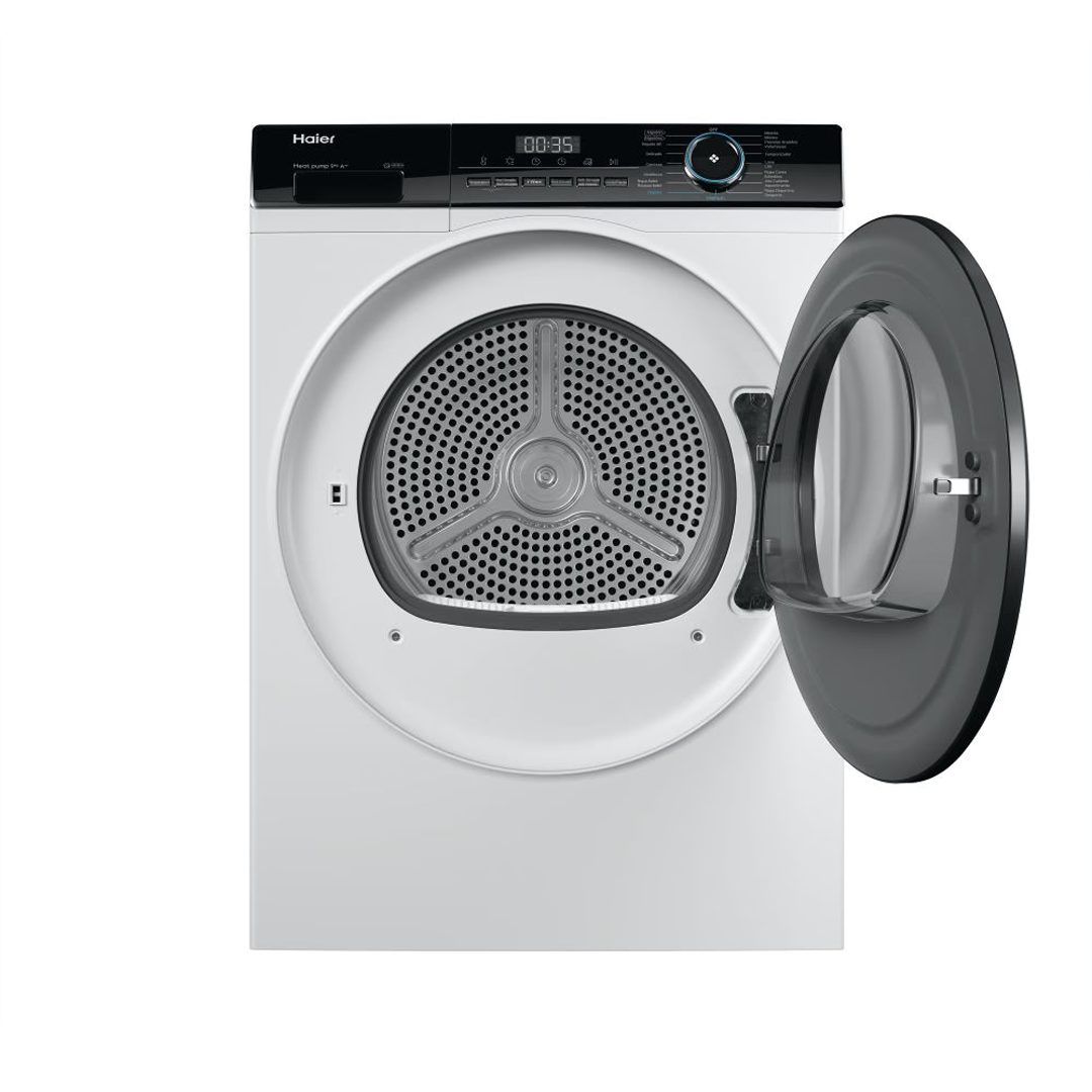 Vista del interior abierto de la secadora HD100-A2939IB Haier A++, mostrando su capacidad y diseño para un secado eficiente