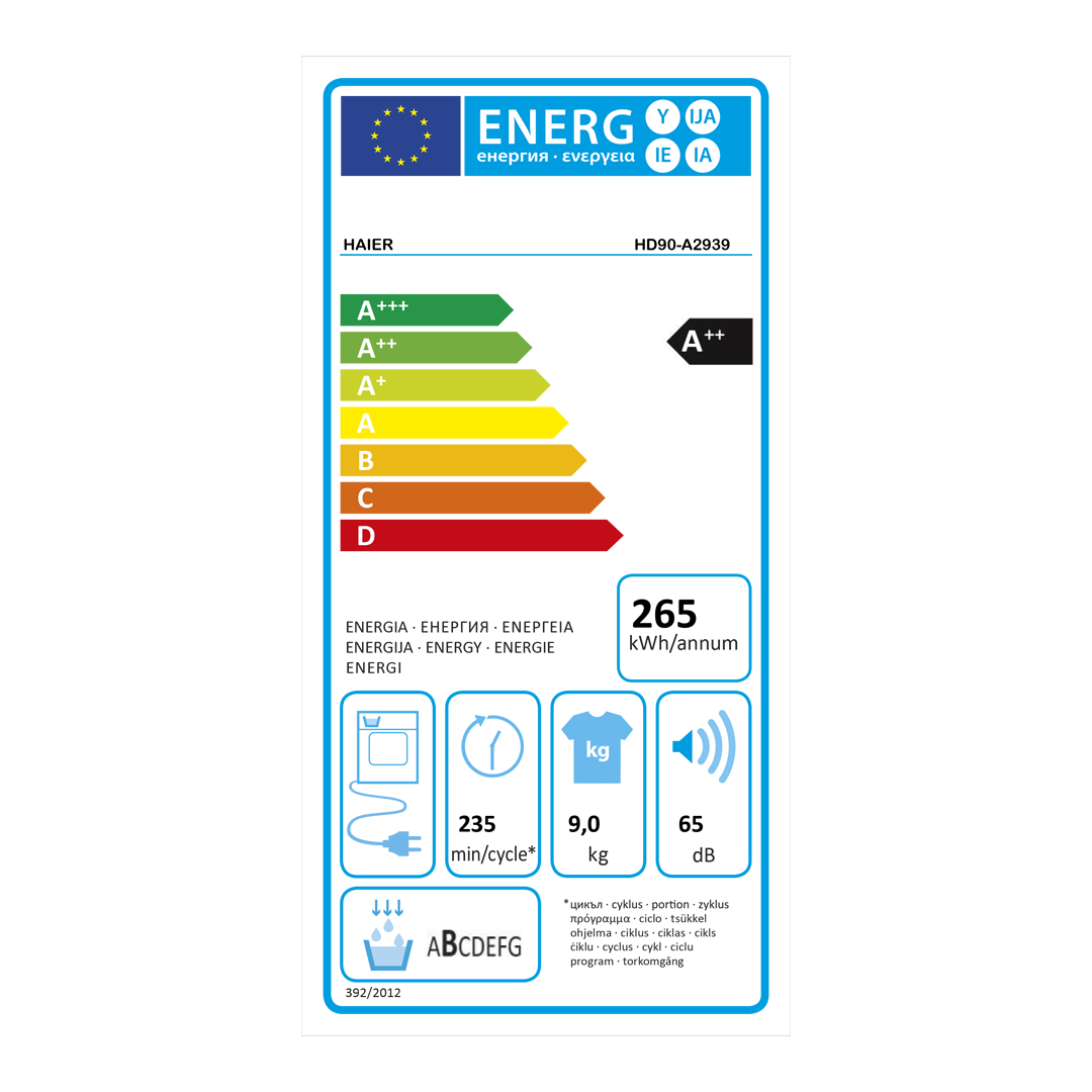 Consulta la tabla de consumo energético de la secadora HD100-A2939IB Haier A++ para una gestión eficiente de recursos