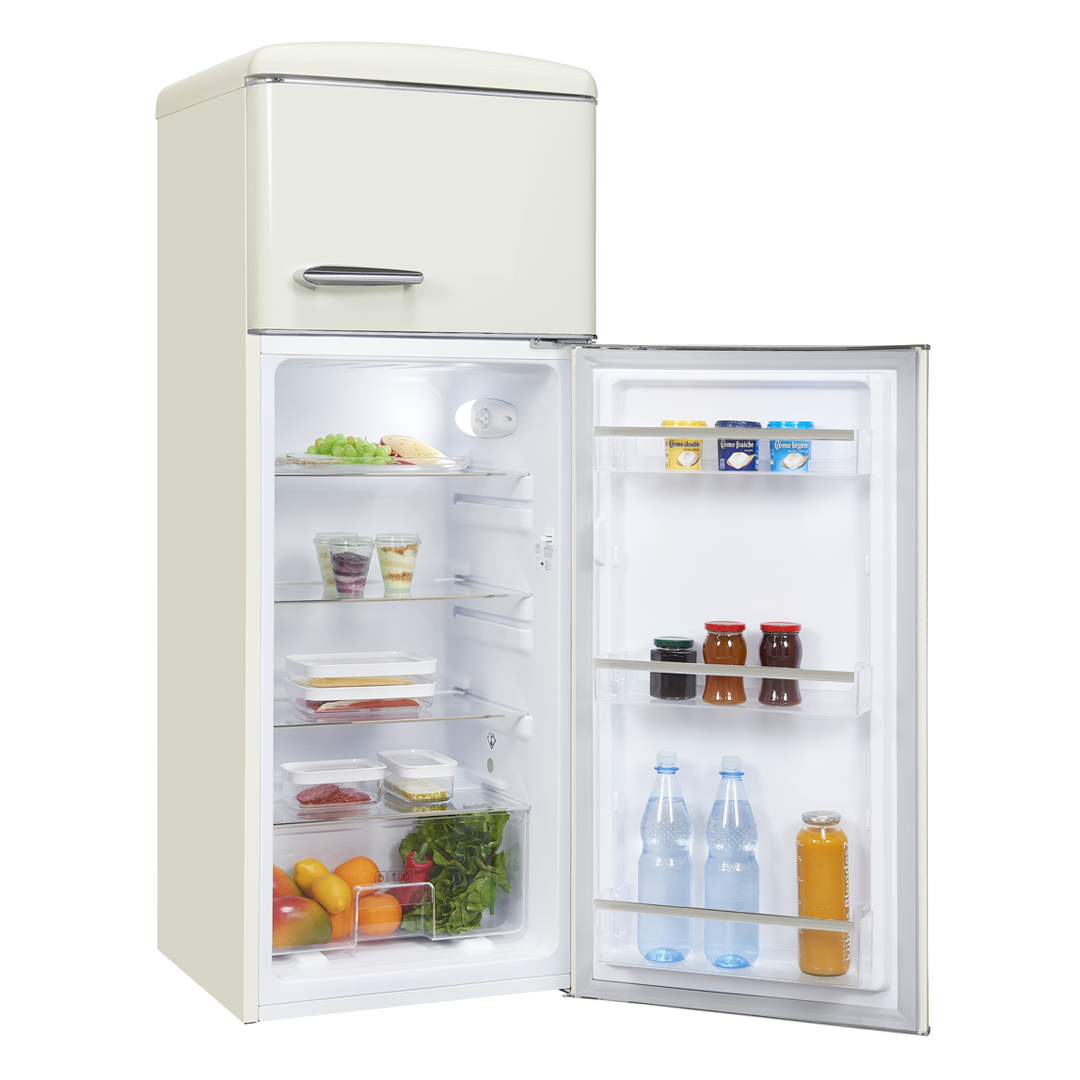 Frigorífico de 2 puertas Exquisit RKGC270-45H-160E en color blanco, mostrando su interior lleno de alimentos. Disponible en Electrocash