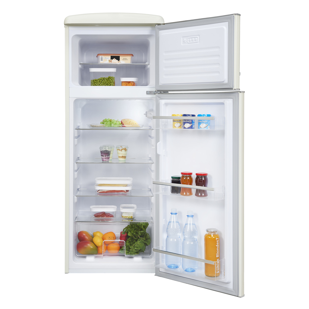 Imagen del frigorífico de 2 puertas Exquisit RKGC270-45H-160E en color blanco, con el frigorífico y el congelador abiertos y llenos de alimentos. Disponible en Electrocash