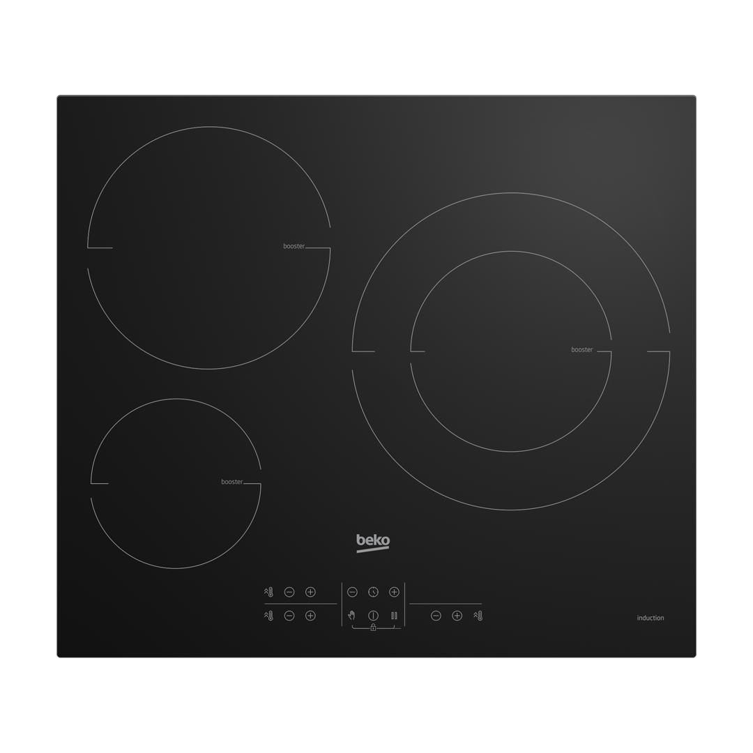 Imagen principal de la placa de inducción HIIS-63206M de Beko, con tres zonas de cocción, destacando su diseño moderno y eficiencia energética, disponible en Electrocash