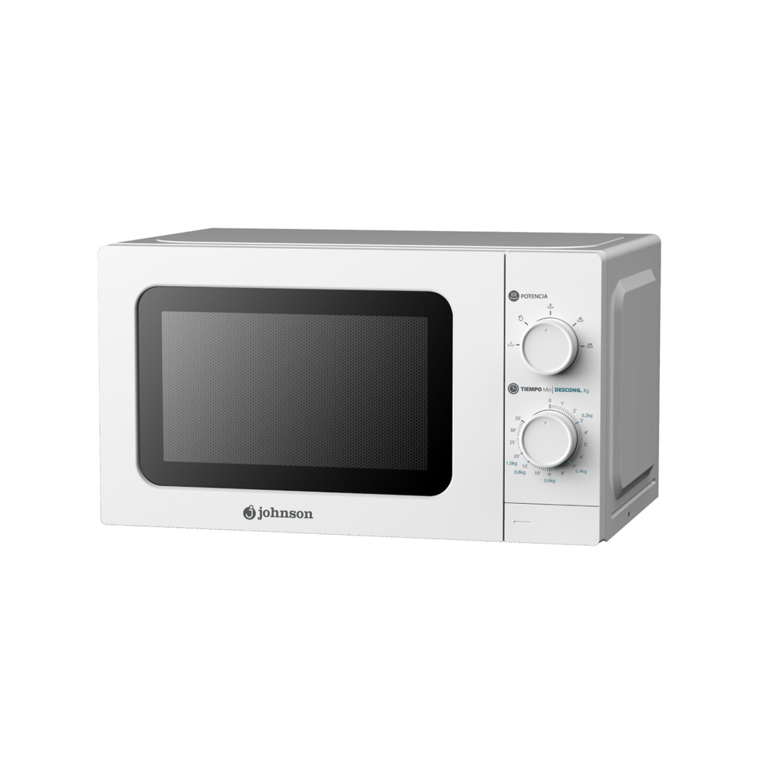 Imagen principal del microondas blanco JOMI-20B Johnson, con una potencia de 700W y capacidad de 20L, disponible en Electrocash
