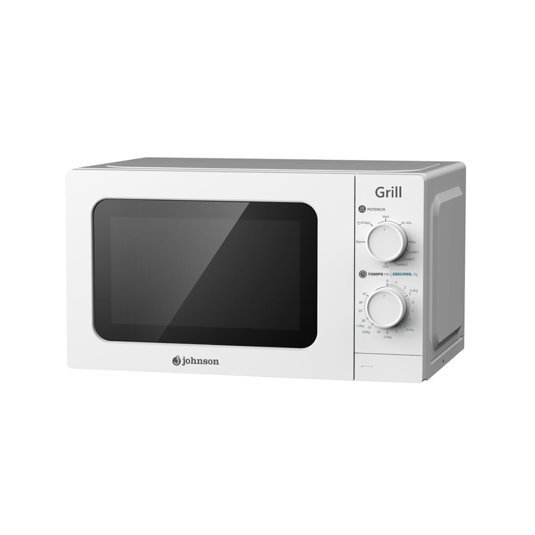 Imagen principal del microondas blanco JOMI-20GB Johnson, con una potencia de 700W, capacidad de 20L y función de grill, disponible en Electrocash