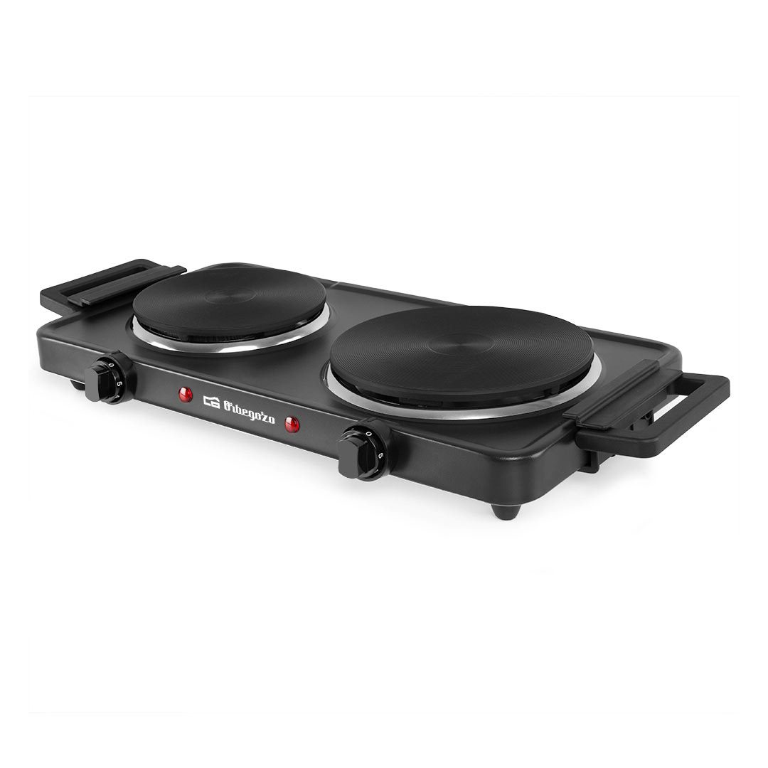 Imagen principal de la cocina portátil PE-2855 de Orbegozo, con dos zonas de cocción de 15.5cm y 18.5cm, ideal para cocinar en espacios reducidos y cocinas móviles, disponible en Electrocash