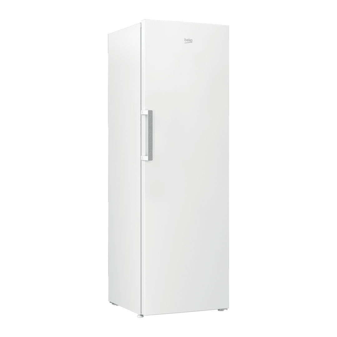Frigorífico de 1 puerta Beko RSSE-415M41WN en color blanco, visto de lado, mostrando su diseño elegante. Disponible en Electrocash