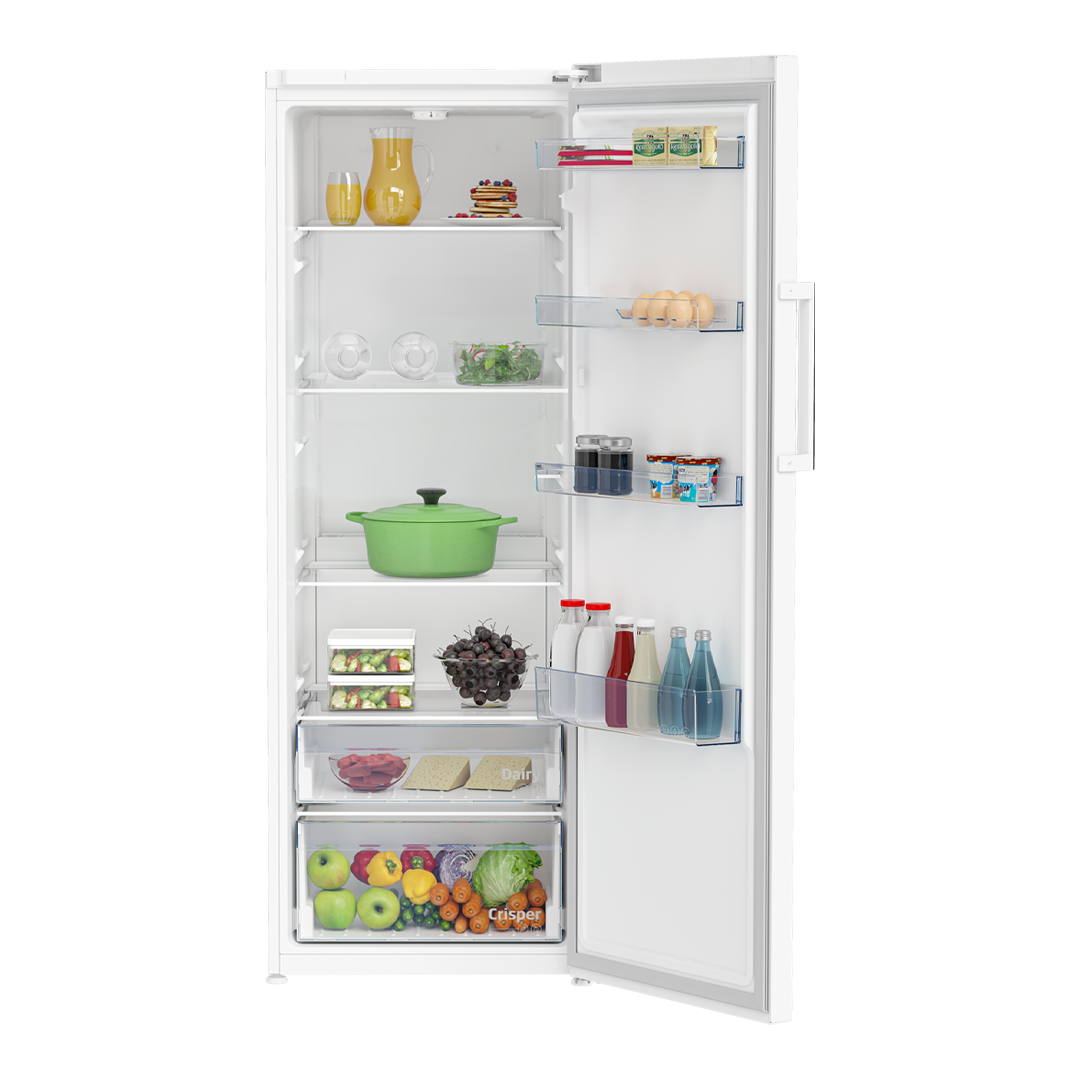 Frigorífico de 1 puerta Beko RSSE-415M41WN en color blanco, mostrando su interior lleno de alimentos. Disponible en Electrocash