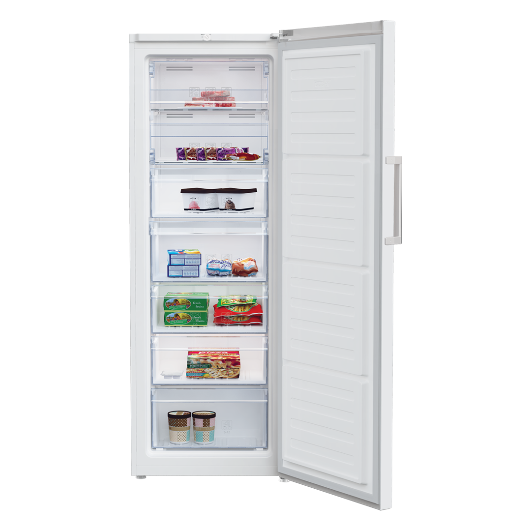 Congelador vertical Beko RFNE-290L41WN en color blanco, mostrando su interior lleno de productos congelados. Disponible en Electrocash