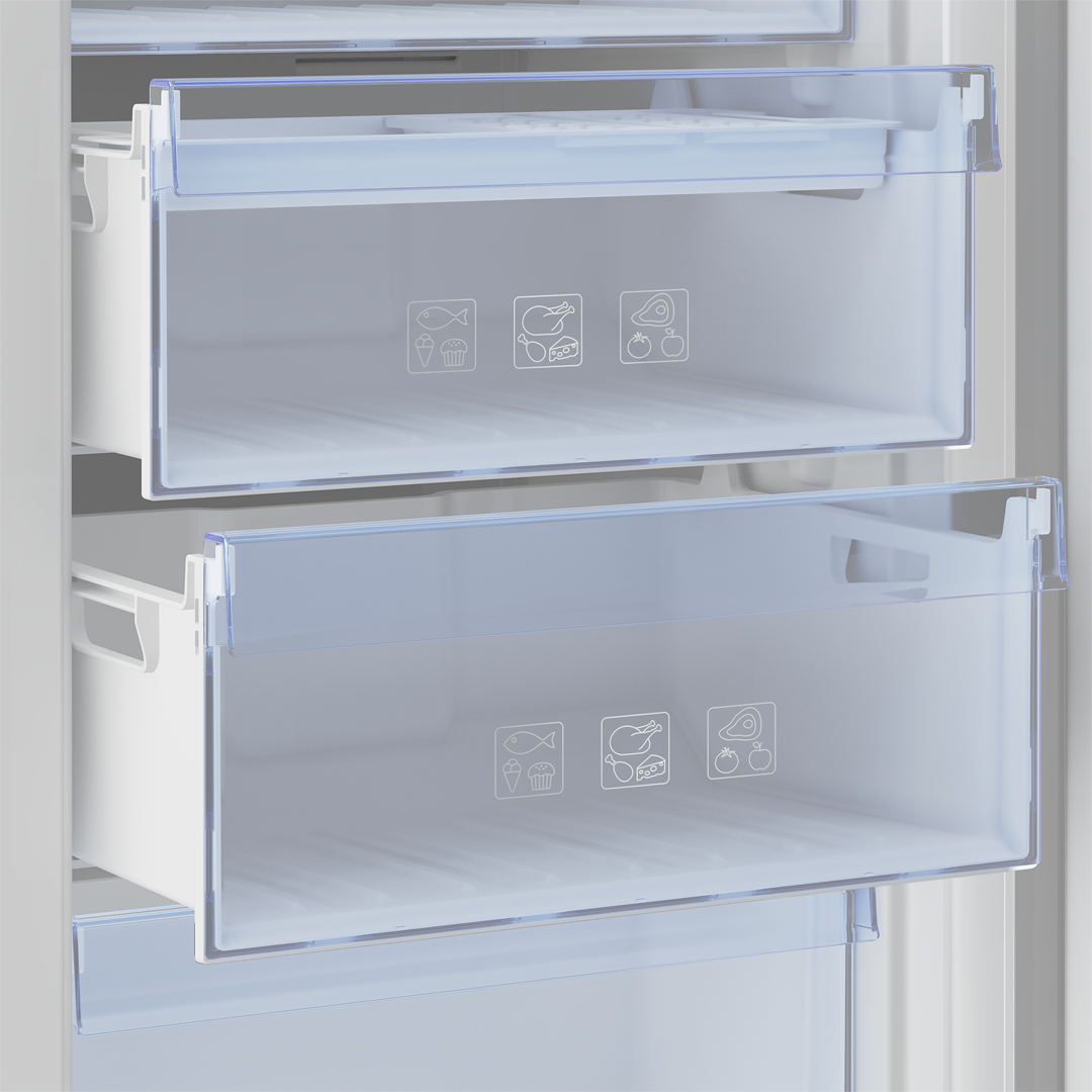 Detalle de los cajones del congelador vertical Beko RFNE-290L41WN en color blanco, mostrando su capacidad de almacenamiento. Disponible en Electrocash