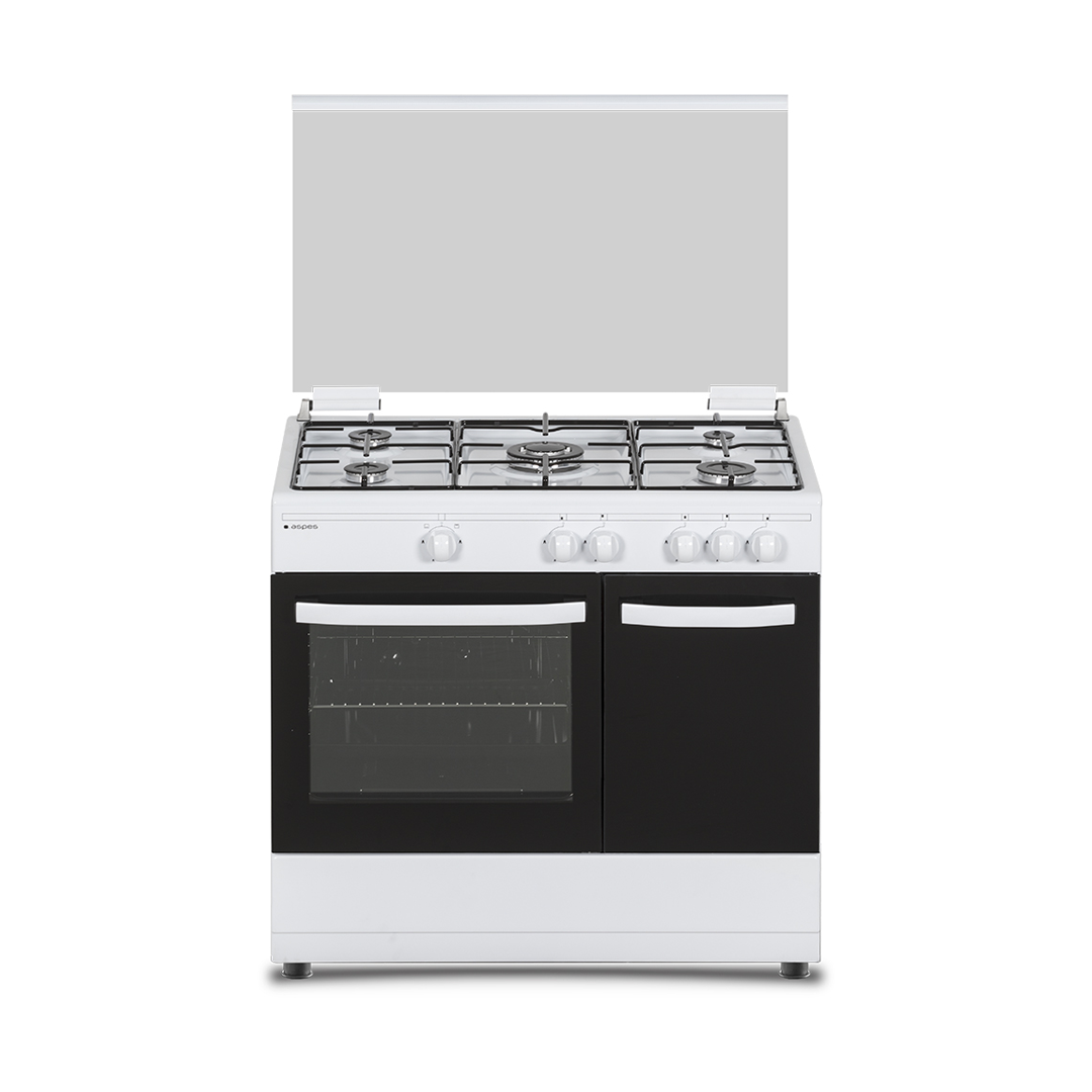 Imagen principal de la cocina AKGW-5900PB de Aspes en color blanco, con cinco fuegos y horno integrado, disponible en Electrocash