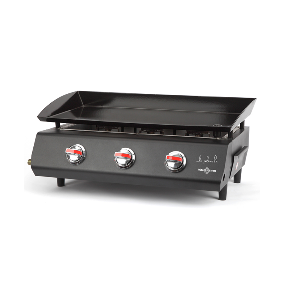 Imagen principal de la plancha de gas PG-330NB de Vitrokitchen, color negro, con 3 fuegos y una potencia de 7.5kW, ideal para cocinar variedad de alimentos de manera eficiente, disponible en Electrocash