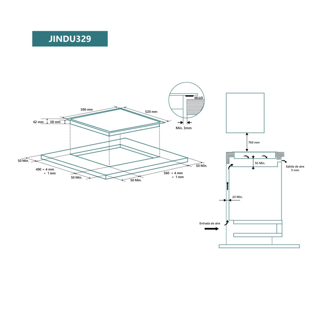 Imagen detallada de las dimensiones de la placa de inducción JINDU-329 de Johnson, proporcionando información precisa sobre su tamaño y dimensiones exactas