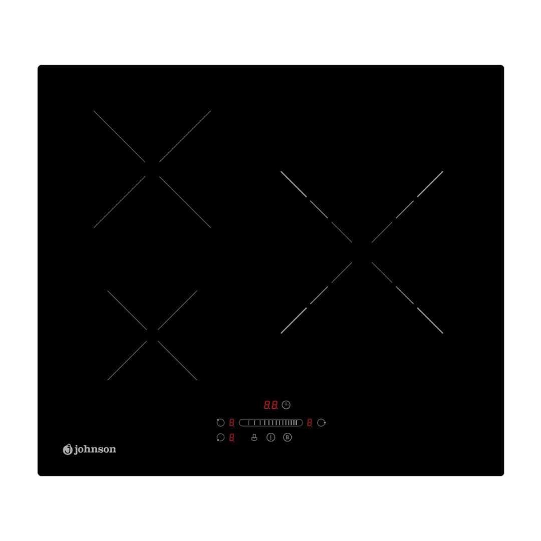 Imagen principal de la placa de inducción JINDU-329 de Johnson, con una potencia de 7.4kW, tres zonas de cocción y doble zona de 60cm, disponible en Electrocash