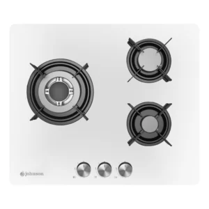 Imagen principal de la placa de cristal gas JAMA-3BB de Johnson, en color blanco, con una potencia de 6kW y tres zonas de cocción para gas butano, disponible en Electrocash