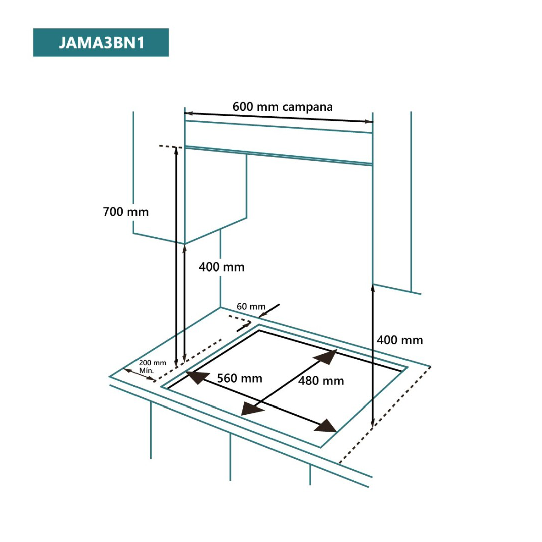 Imagen detallada de las dimensiones de la placa de cristal gas JAMA-3BN1 de Johnson, proporcionando información precisa sobre su tamaño y dimensiones exactas
