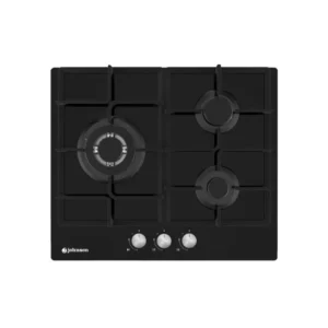 Imagen principal de la placa de cristal gas JAMA-3BN1 de Johnson, con una potencia de 6kW y tres zonas de cocción para gas butano, disponible en Electrocash