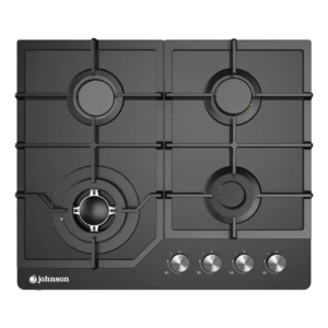 Imagen principal de la placa de cristal gas JAMA-4BN1 de Johnson, con una potencia de 7.8kW y cuatro zonas de cocción para gas butano, disponible en Electrocash