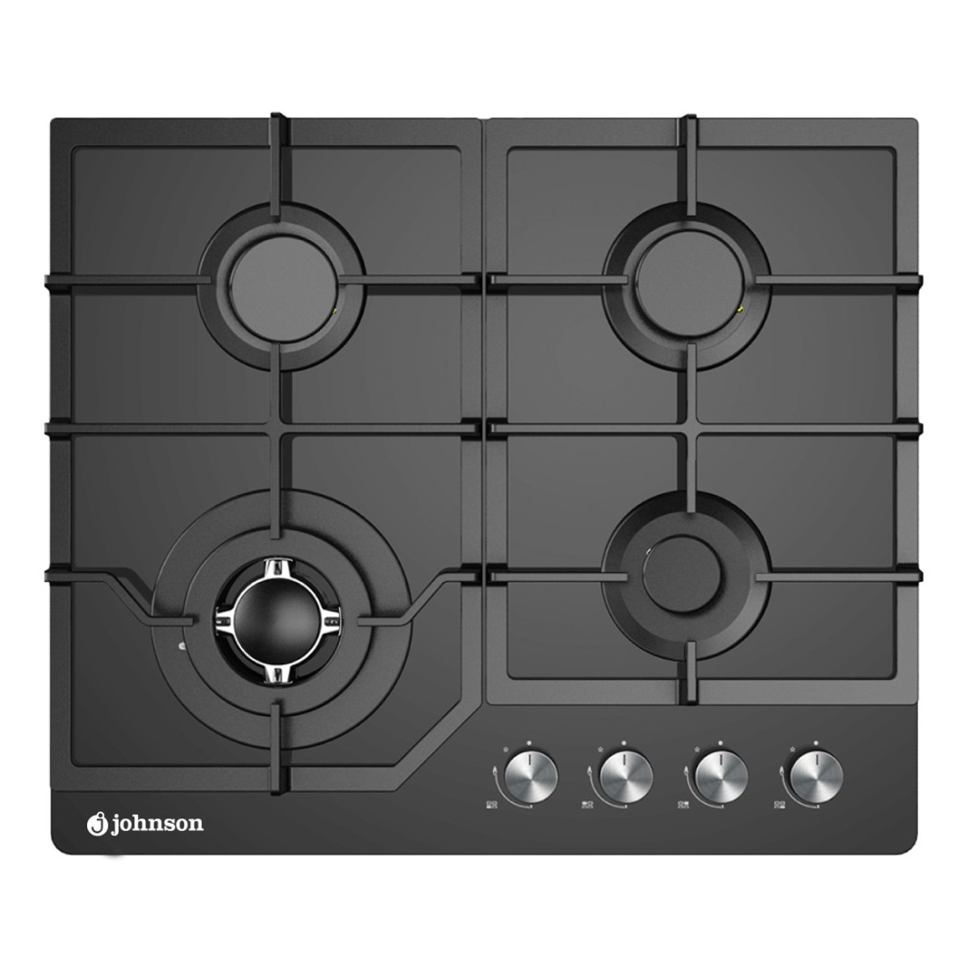 Imagen principal de la placa de cristal gas JAMA-4BN1 de Johnson, con una potencia de 7.8kW y cuatro zonas de cocción para gas butano, disponible en Electrocash