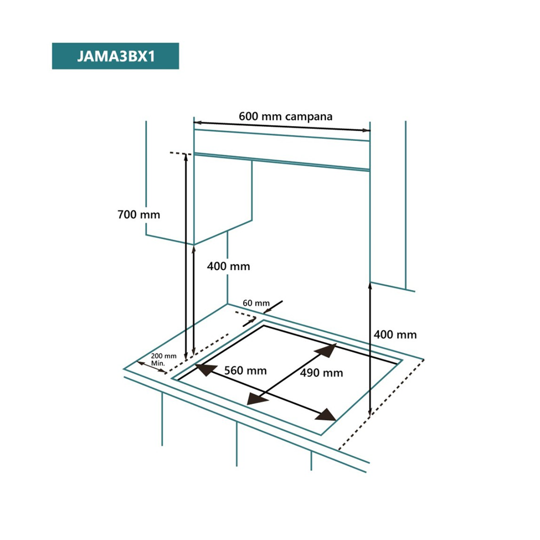 Imagen detallada de las dimensiones de la placa de gas inoxidable JAMA-3BX1 de Johnson, proporcionando información precisa sobre su tamaño y dimensiones exactas