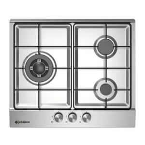 Imagen principal de la placa de gas inoxidable JAMA-3BX1 de Johnson, con una potencia de 6kW y tres zonas de cocción, compatible con gas butano y natural, disponible en Electrocash