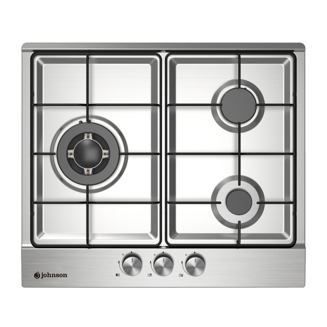 Imagen principal de la placa de gas inoxidable JAMA-3BX1 de Johnson, con una potencia de 6kW y tres zonas de cocción, compatible con gas butano y natural, disponible en Electrocash