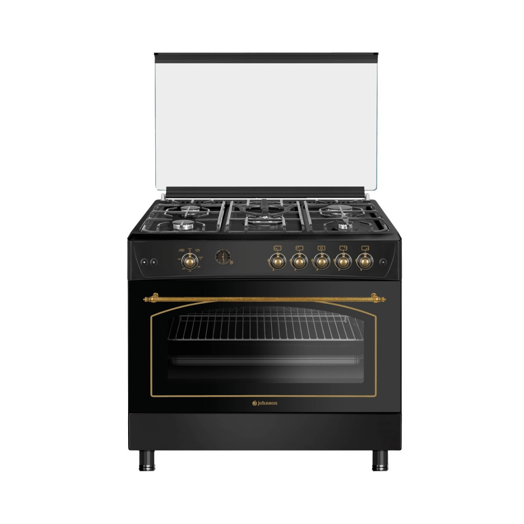 Imagen principal de la cocina CONA-90GRN de Johnson, estilo rústico, con cinco fuegos y un ancho de 90cm en color negro, disponible en Electrocash
