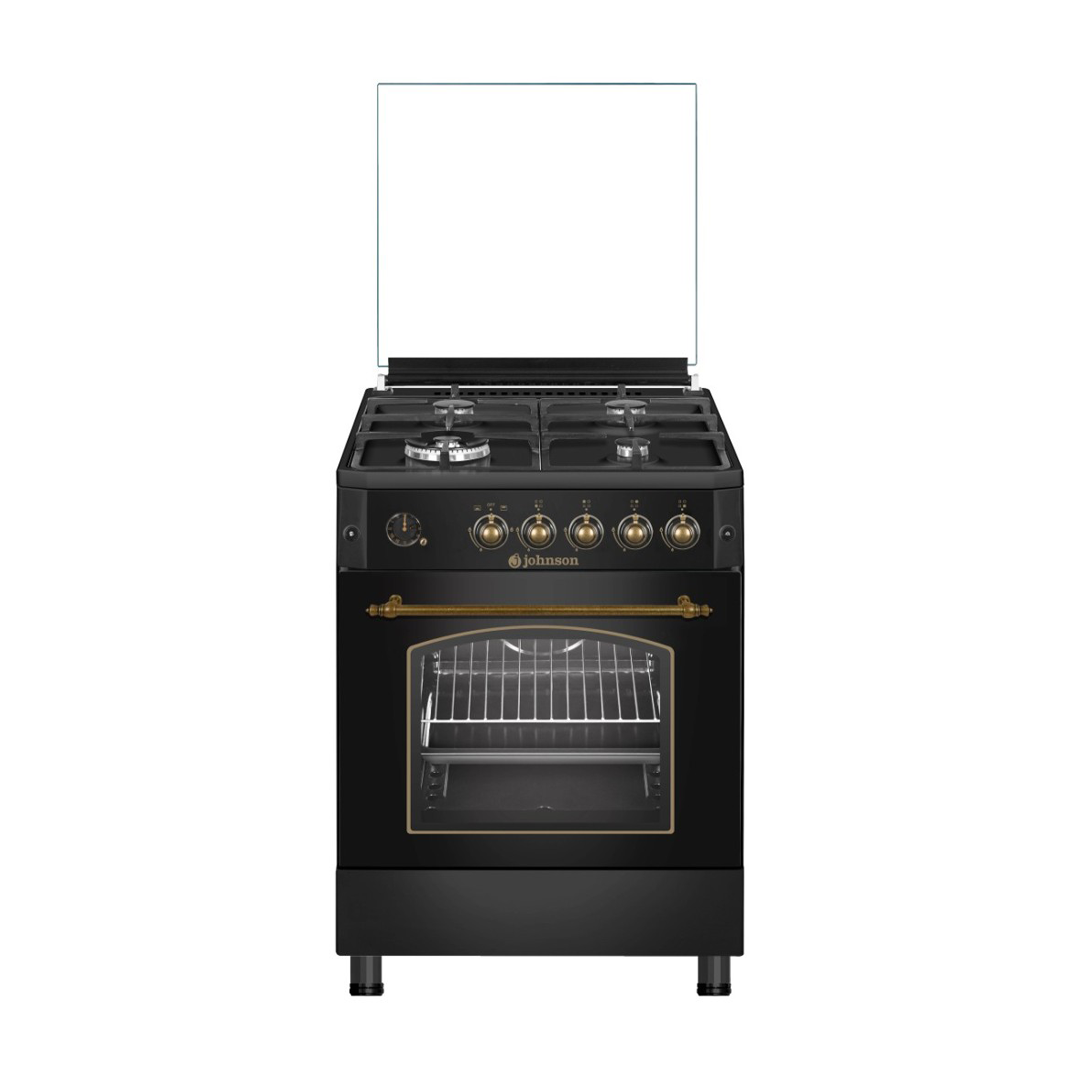 Imagen principal de la cocina CONA-60BRN de Johnson, estilo rústico, con cuatro fuegos y un ancho de 60cm en color negro, disponible en Electrocash