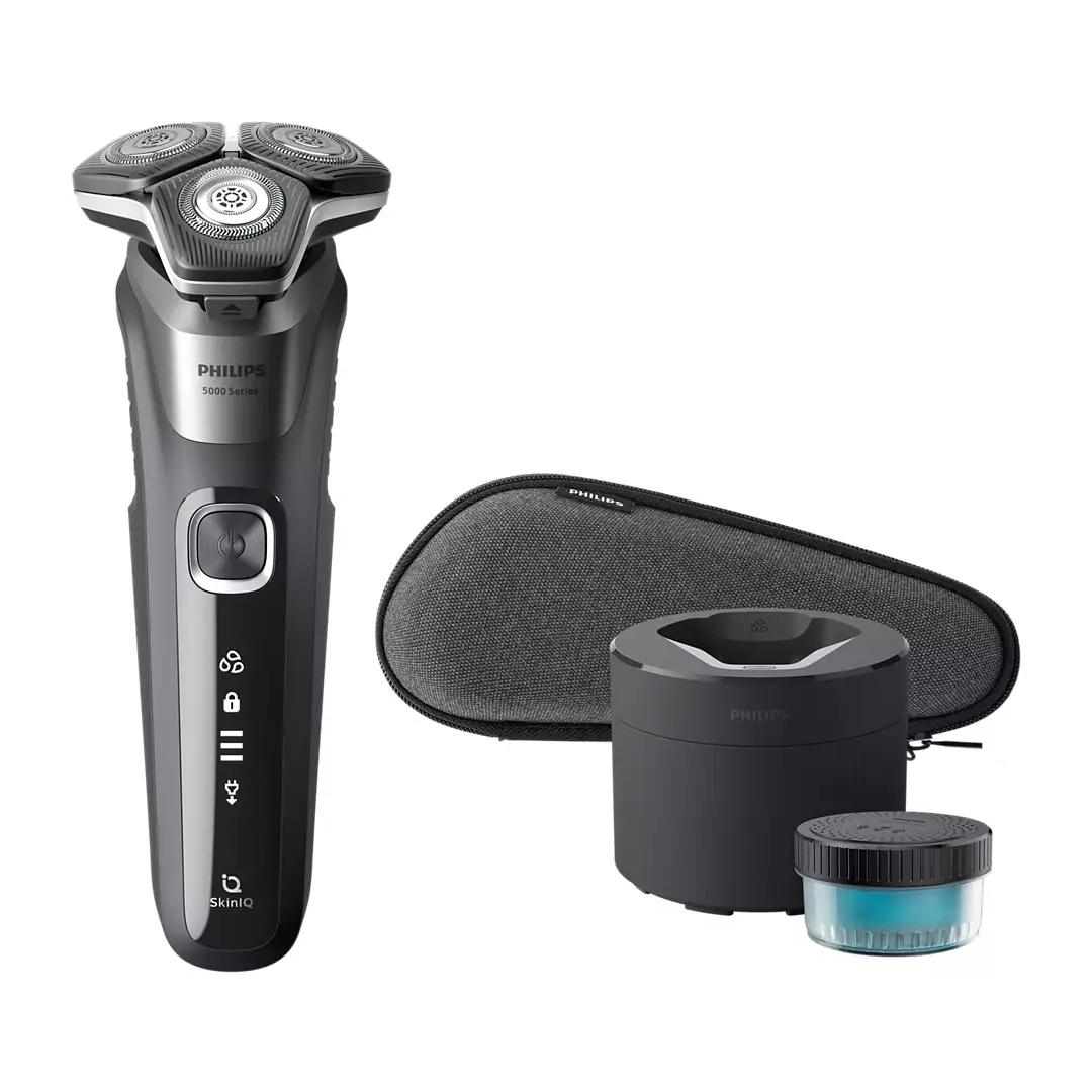 Imagen principal de la afeitadora S5887/50 de Philips, con base de limpieza y apta para uso en seco y húmedo, ideal para un afeitado cómodo y versátil, disponible en Electrocash