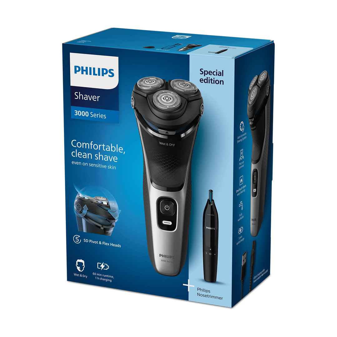 Imagen del embalaje original de la afeitadora S3143/02 Philips, mostrando el diseño y los detalles del empaque del producto, ideal para referencia de compra, disponible en Electrocash