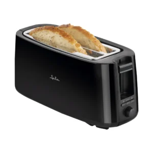 Imagen principal de la tostadora JETT-1585 de Jata, color negra, con diseño doble largo y una potencia de 1400W, ideal para tostar todo tipo de panes rápidamente, disponible en Electrocash