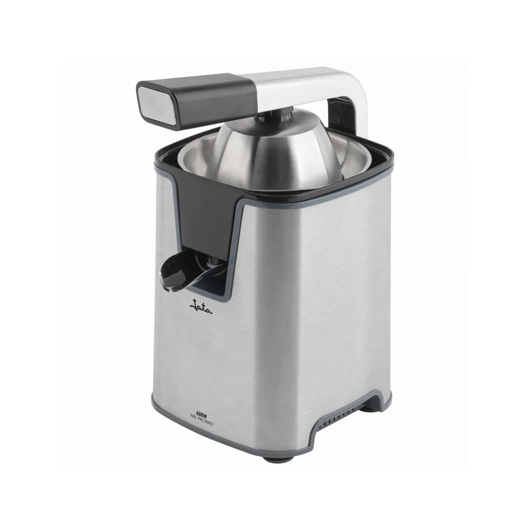 Imagen principal del exprimidor de brazo JEEX-1155 de Jata, con una potencia de 600W, acabado en acero inoxidable y dos conos para diferentes tamaños de cítricos, disponible en Electrocash