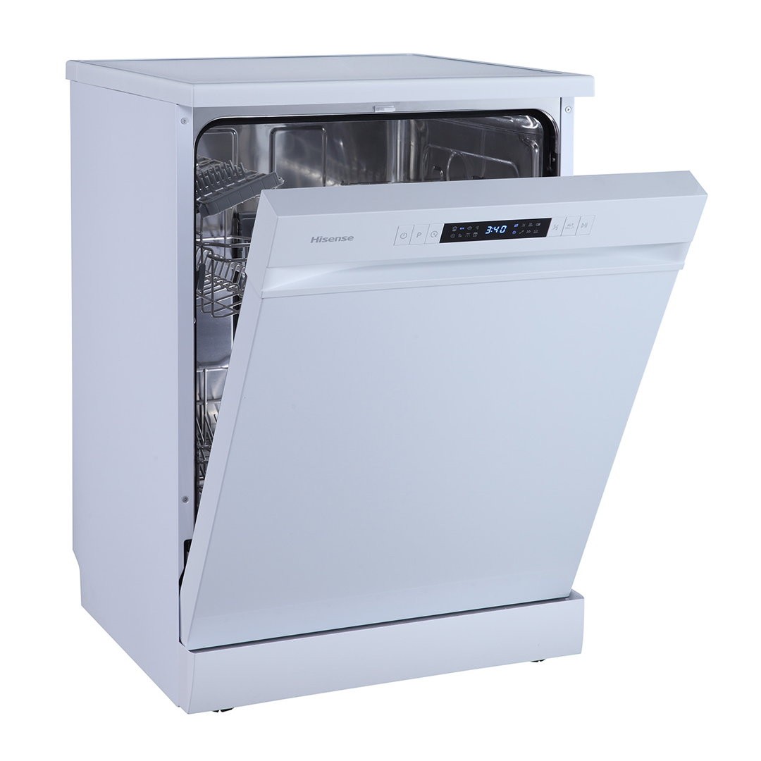 Lavavajillas Hisense HS-622E10W en color blanco, mostrado medio abierto para ver su acceso. Disponible en Electrocash
