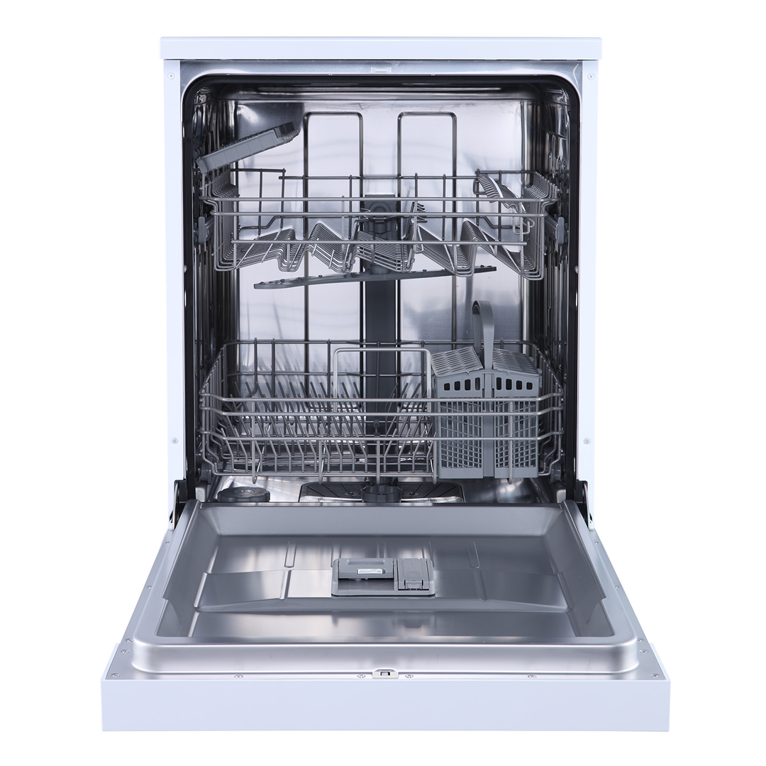 Lavavajillas Hisense HS-622E10W en color blanco, abierto completamente mostrando su interior y capacidad. Disponible en Electrocash