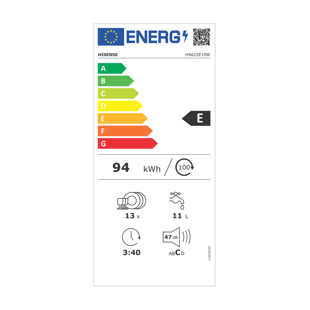 Detalle de la tabla de eficiencia energética del lavavajillas Hisense HS-622E10W, destacando su eficiencia. Disponible en Electrocash