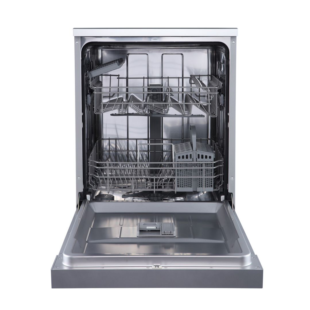 Lavavajillas Hisense HS-622E10X en acabado inox, abierto completamente mostrando su interior y capacidad. Disponible en Electrocash
